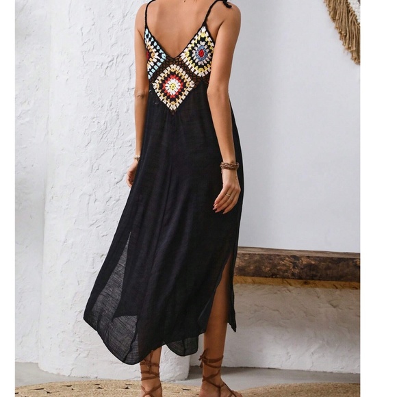 Boho Crochet Semi Sheer Shoulder Tie Split Hem Dress - Picture 2 of 5